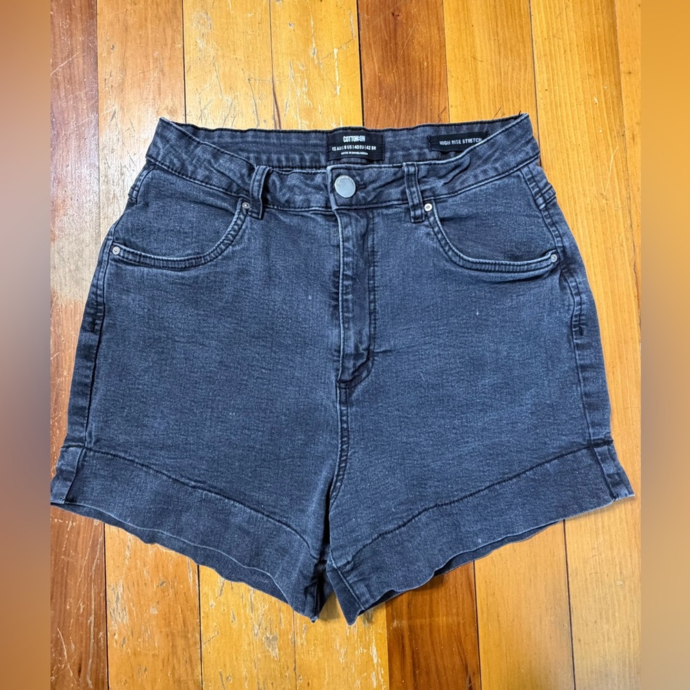 Cotton On High Rise Stretch Denim Shorts Women’s Size 8 US Graphite Black Gray